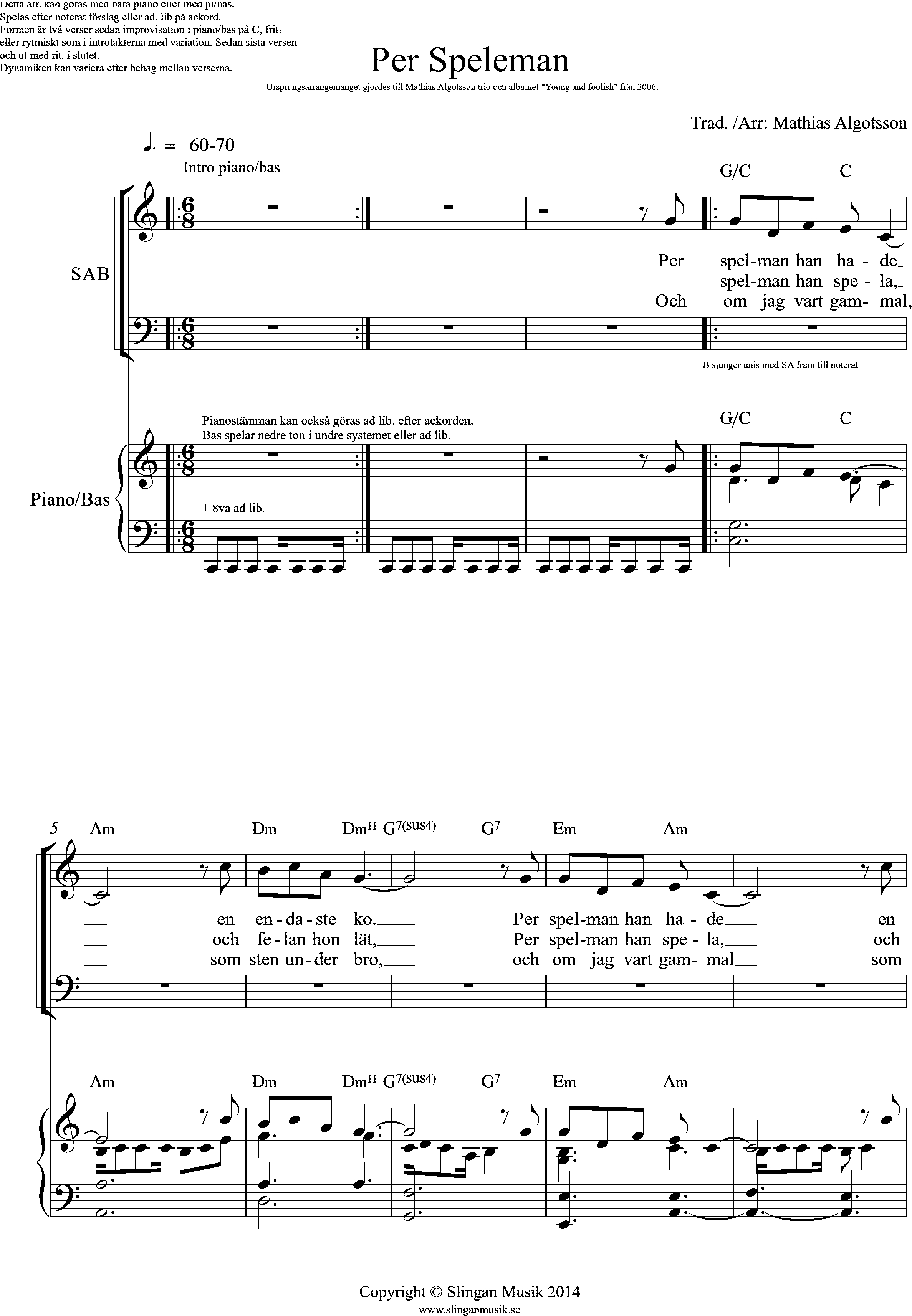 Per Speleman, arrangement for choir SAB